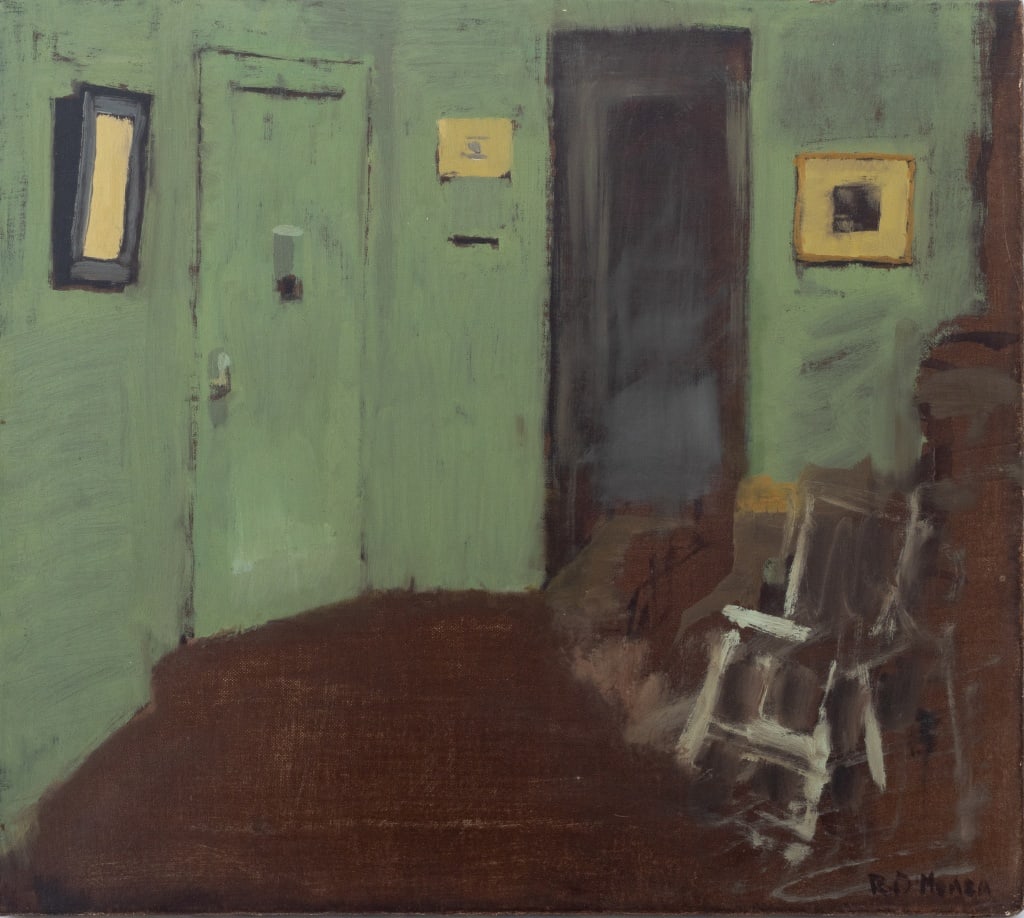 Robert O'Meara Interior Scene Oil on Canvas: Robert O'Meara (American, 1957-2024), Interior Scene in Green, Oil on Canvas, signed "R. O'Meara" lower right and verso, unframed. 16" H x 18" W x 1" D. Provenance: From a 333 East 75th Street