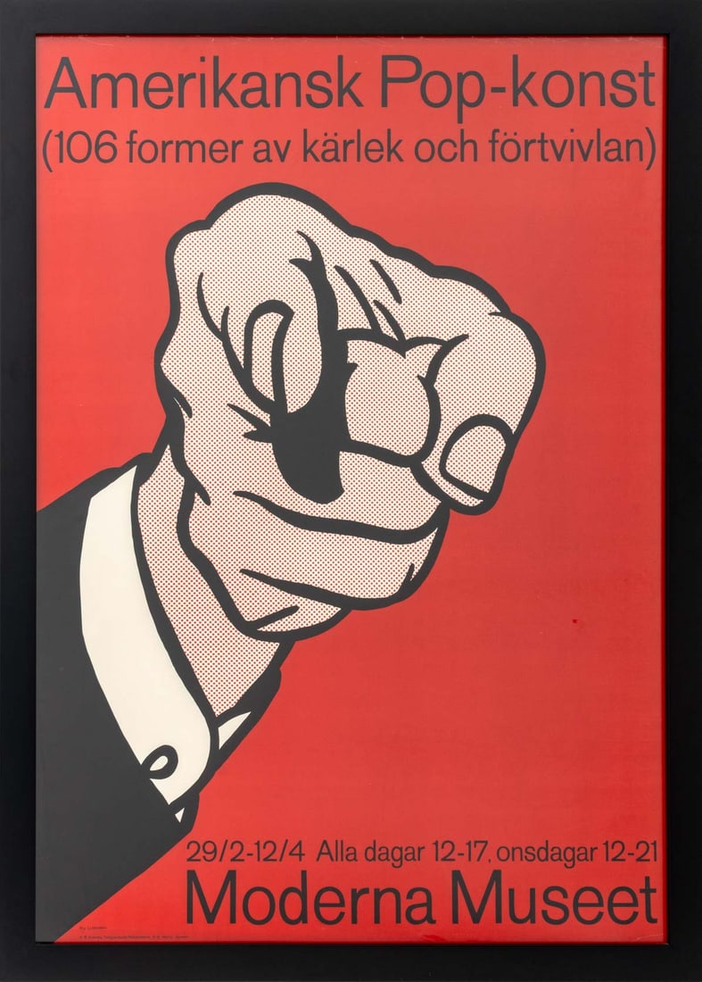 Roy Lichtenstein "Finger Pointing" Poster, 1964: After Roy Lichtenstein (American, 1923-1997), "Amerikansk Pop-Konst Moderna Museet [Finger Pointing]", Screenprint in Colors Exhibition Poster, 1964, printed by Reklamteknik A-B, Malmo, Sweden and