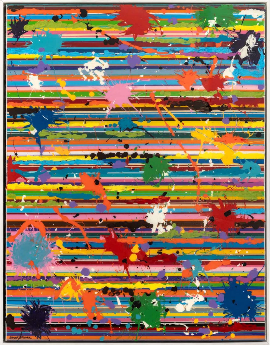 Mauro Oliveira "Fourth of July Fireworks", 2023: Mauro Oliveira (Brazilian, XX-XXI), "Fourth of July Fireworks", Mixed Media on Panel, 2023, signed lower left, Certificate of Authenticity from the artist, white frame. Image: 48.25" H x 37" W;