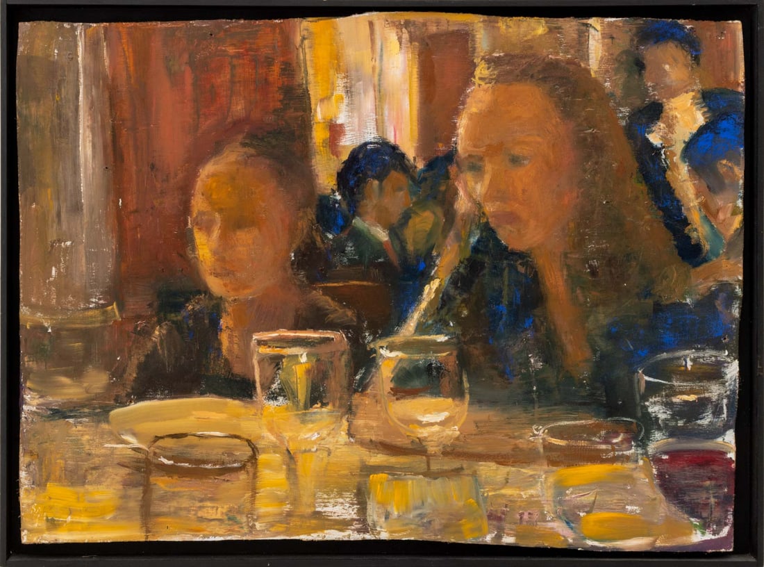 Lesley Kushner Two Women at a Table Oil, 2011: Lesley Kushner (American, XX-XXI), Two Women at a Table, Oil on Panel, 2011, signed and dated verso, ebonized wood frame. Image: 16.5" H x 23.25" W; frame: 18.25" H x 24.25" W x 1.5" D. Provenance: Fr