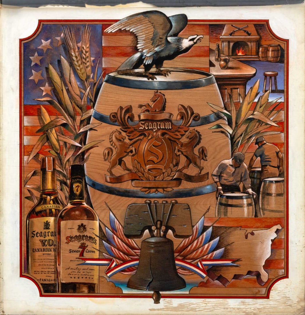 Stanislaw Zagorski Seagram's Whisky Acrylic: Stanislaw Zagorski (Polish, 1933-2025), Seagram's Whisky, Acrylic on Board, unframed. 20" H x 19.5" W. Provenance: From an East 35th Street Estate. Keywords: Paintings, Works on Panel, Advertising, Gr