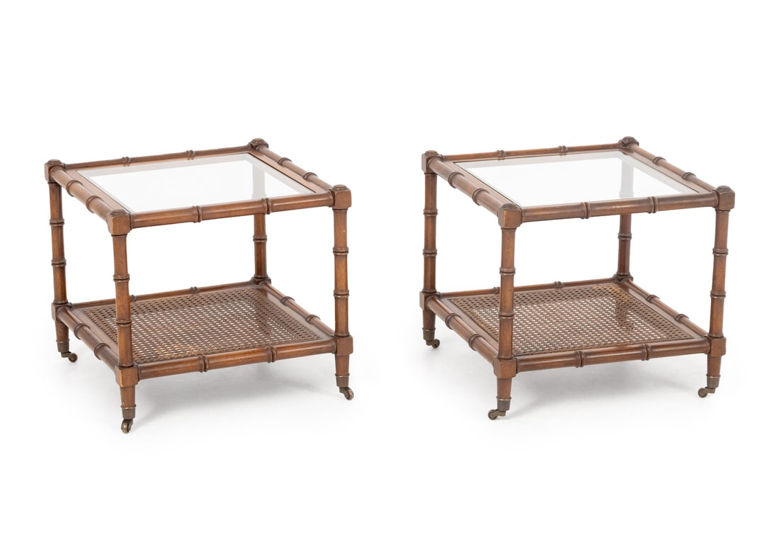 Regency Style Faux Bamboo Side Tables, Pair: Pair of Regency Style Faux Bamboo Side Tables on Casters, with glass tops and caning. 16.5" H x 18" W x 18" D. Provenance: From an East 74th Street Estate. Keywords: Vintage Furniture, End Tables, Acc