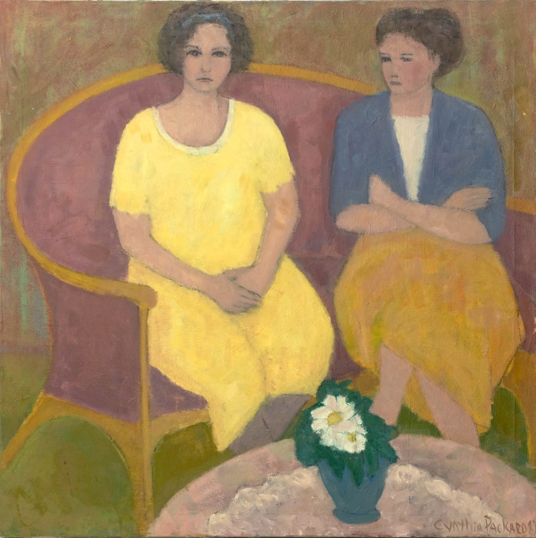 Cynthia Packard Two Seated Women Oil, 1987: Cynthia Packard (American, b. 1957), Two Women Seated on a Settee, Oil on Canvas, 1987, signed and dated lower right, unframed. 36" H x 36" W x 1" D. Provenance: From a New York City Collection.