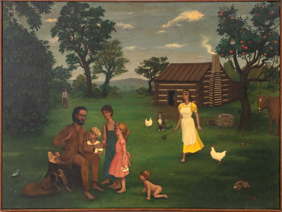 George Rhoads Johnny Appleseed Scene Oil, 1966: George Rhoads (American, 1926-2021), Johnny Appleseed Scene, Oil on Canvas, 1966, signed and dated lower right, wood frame. Image: 30" H x 40" W; frame: 30.75" H x 40.75" W x 1.75" D. Provenance: