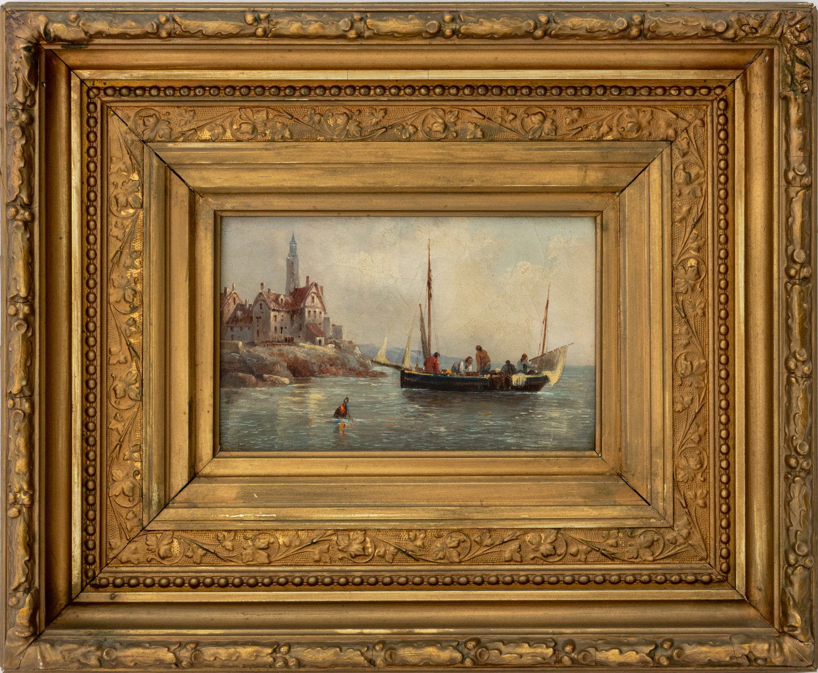 French Coastal Scene with Sailboat Oil on Canvas (1 of 7)