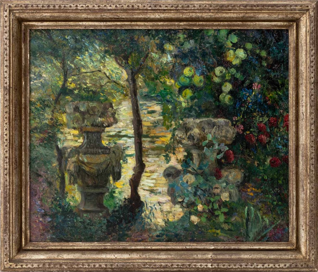 French School Garden Scene Oil on Canvas: French School, Garden Landscape Scene, Oil on Canvas, unsigned, silvered wood frame. Image: 19.25" H x 23.25" W; frame: 24.5" H x 28.5" D x 2.5" D. Provenance: From an East 74th Street Estate.