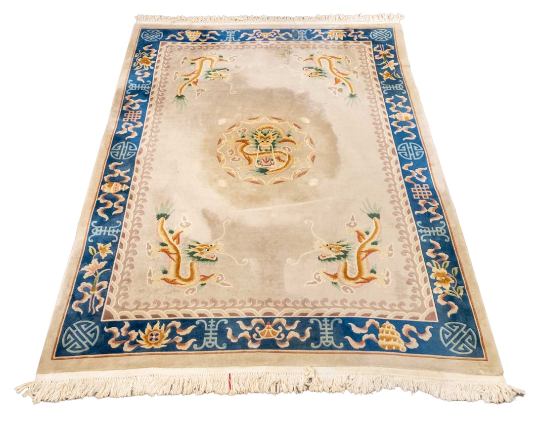 Chinese Art Deco Rug, 12' 1" x 8' 3": Chinese Art Deco Wool Rug, in beige and blue with dragon and si bat symbol motif. 12' 1" L x 8' 3" W. Provenance: From an East 74th Street Estate. Keywords: Chinese Rugs, Oriental Rugs, Area rug,