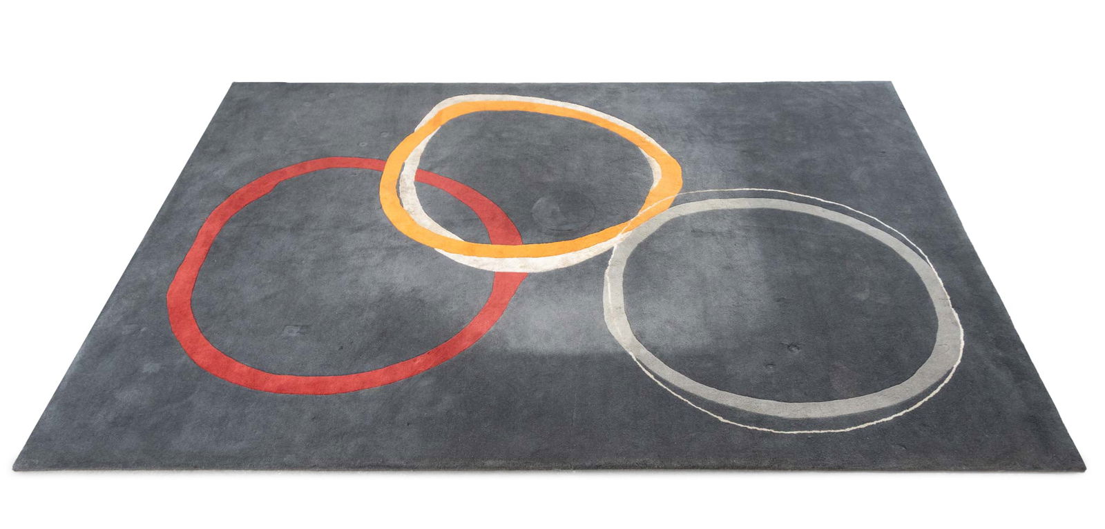 Safavieh Gray Geometric Carpet, 13' 3" x 9' 5": Safavieh SoHo Collection Gray Wool Blend Geometric Carpet, with circular design to center, label to underside. 13' 3" L x 9' 5" W. Provenance: From an East Village Estate. Keywords: Indian Rugs, Area