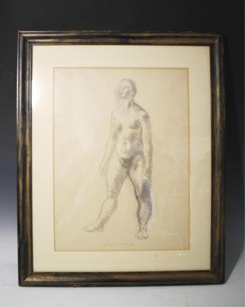 American Moses Sawyer Portrait of Nude: Drawing of a female nude by Moses Sawyer (1899-1974), pencil on paper, twentieth century, United States; signed. Dimensions: Image space 19" H x 14" W ; with frame 27" H x 22" W
