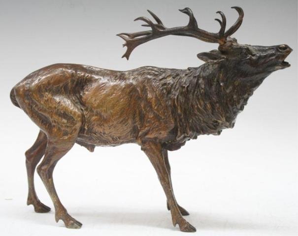 Austrian Bergman Vienna Bronze Elk: A Vienna bronze elk attributed to Franz Xaver Bergman (1861–1936) , Austria; marked. Dimensions: 9-1/2" H x 11-1/2" L x 2-1/2" W
