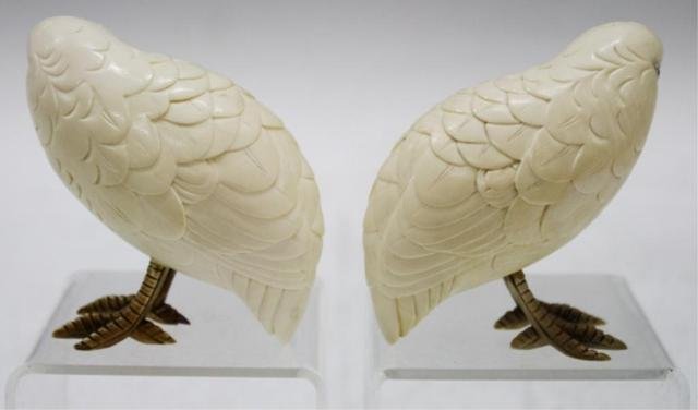 Pair of Chinese Ivory or Bone Quails - 3