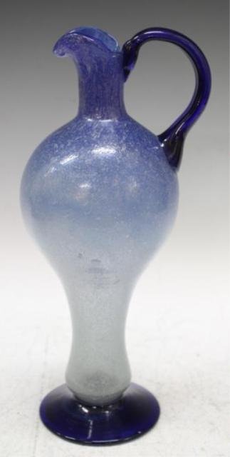 French Blue Schneider Glass Pitcher: Charles Schneider blue glass pitcher, early 20th cent., France; marked. Dimensions: 13" H x 5" D