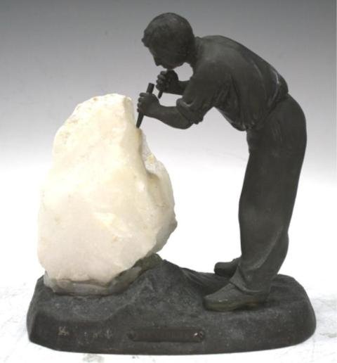 French "Le Carrier" Mednat Bronze Miner Sculpture: A bronze and quartz sculpture of a miner, Early Twentieth century, France; marked with foundry mark and signed by artist "O. Mednat". Dimensions: 8-1/2"H x 8"L x 5"W