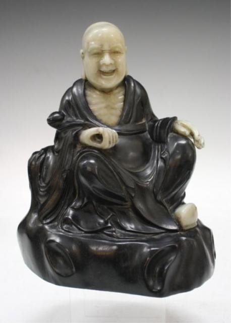 Chinese Zitan Wood & Soapstone Buddha: A zitan wood and soapstone Buddha sculpture, Twentieth century, China; marked. Dimensions: 8" H x 7" L x 5" W