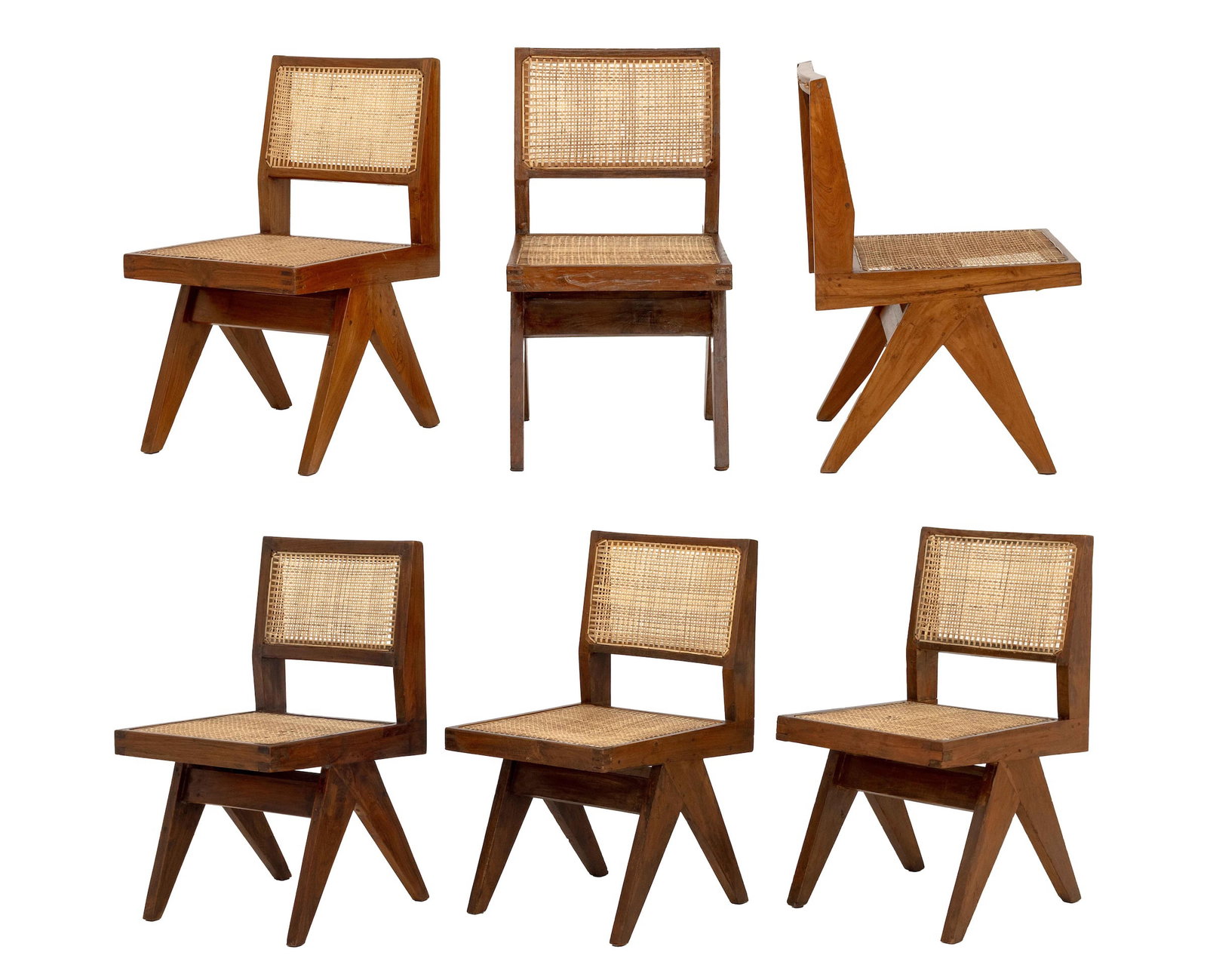 Pierre Jeanneret Teak & Cane Paneled Chairs, 6: Pierre Jeanneret (Swiss, 1896-1967) Set of Six Teak and Cane Paneled Side Chairs, circa 1955, designed for the Amritsar School of Research, Chandigarh, one marked "Hin. D./4" to reverse of seat.