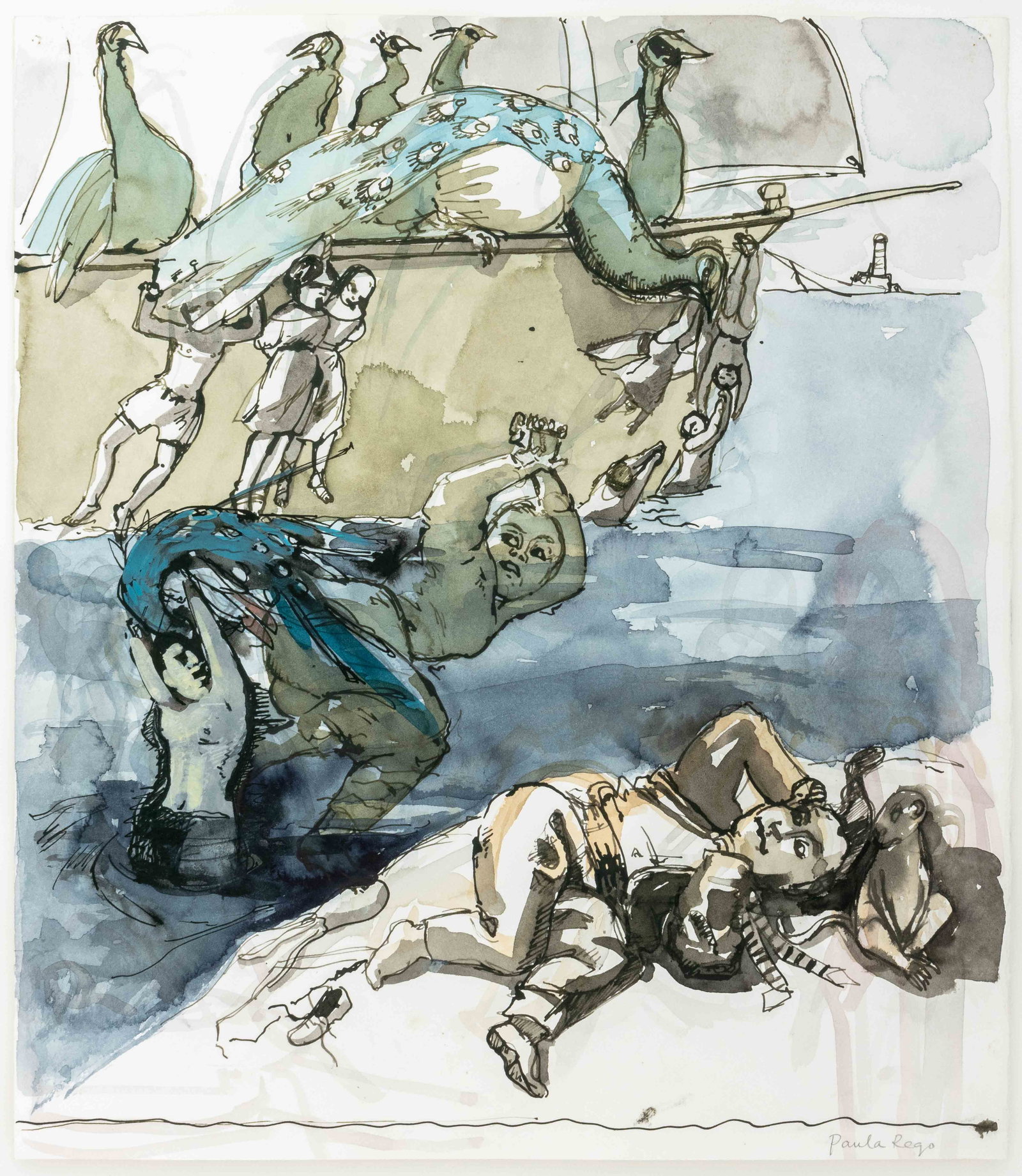 Paula Rego "The Ferry Girl I" Watercolor, 1992: Paula Rego (British/Portuguese, 1935-2022), "The Ferry Girl I", Ink and Watercolor on Paper, 1992, signed lower right, wood frame. Image: 17.5" H x 15.5" H; frame: 21" H x 19" W x 2" D. Provenance: