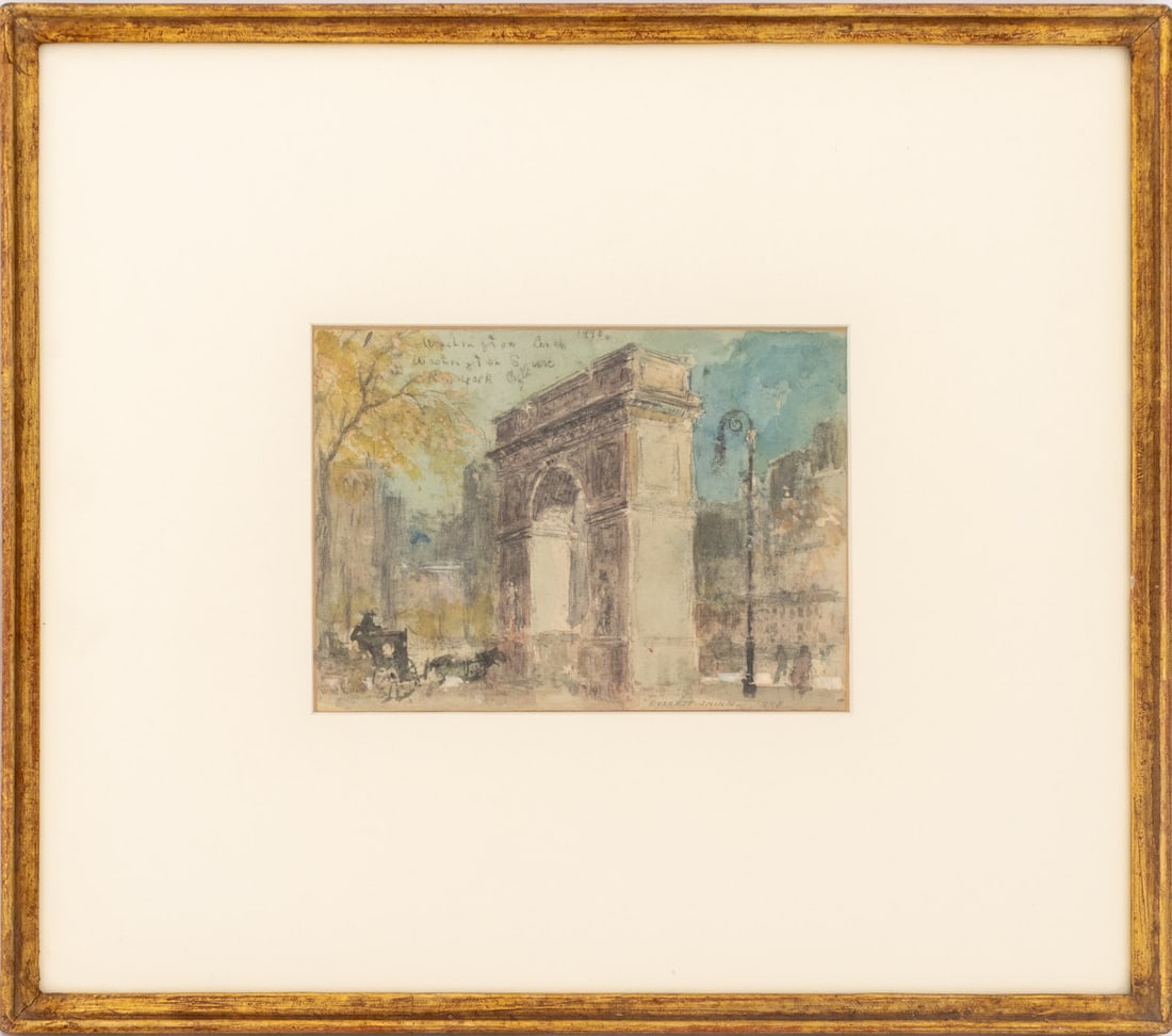 Everett Shinn "Washington Square" Watercolor, 1948: Everett Shinn (American, 1876-1953), "Washington Square Arch", Watercolor and Graphite on Board, 1948, signed and dated in pencil lower right, giltwood frame. Image: 5.25" H x 7.25" W; frame: 14" H x