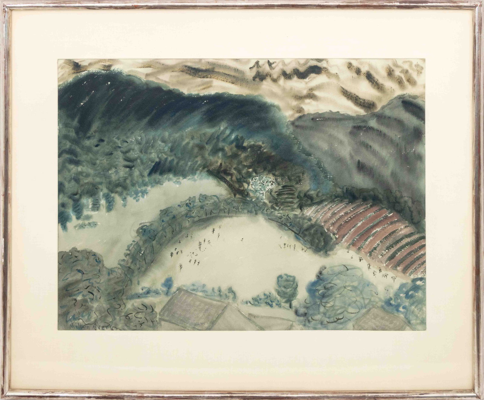 Milton Avery Landscape Scene Watercolor & Charcoal: Milton Clark Avery (American, 1885-1965), Untitled (Winter Landscape Scene), Watercolor and Charcoal on Paper, signed lower left, silvered wood frame. Image: 21.5" H x 29.25" W; frame: 33" H x 39.5" W