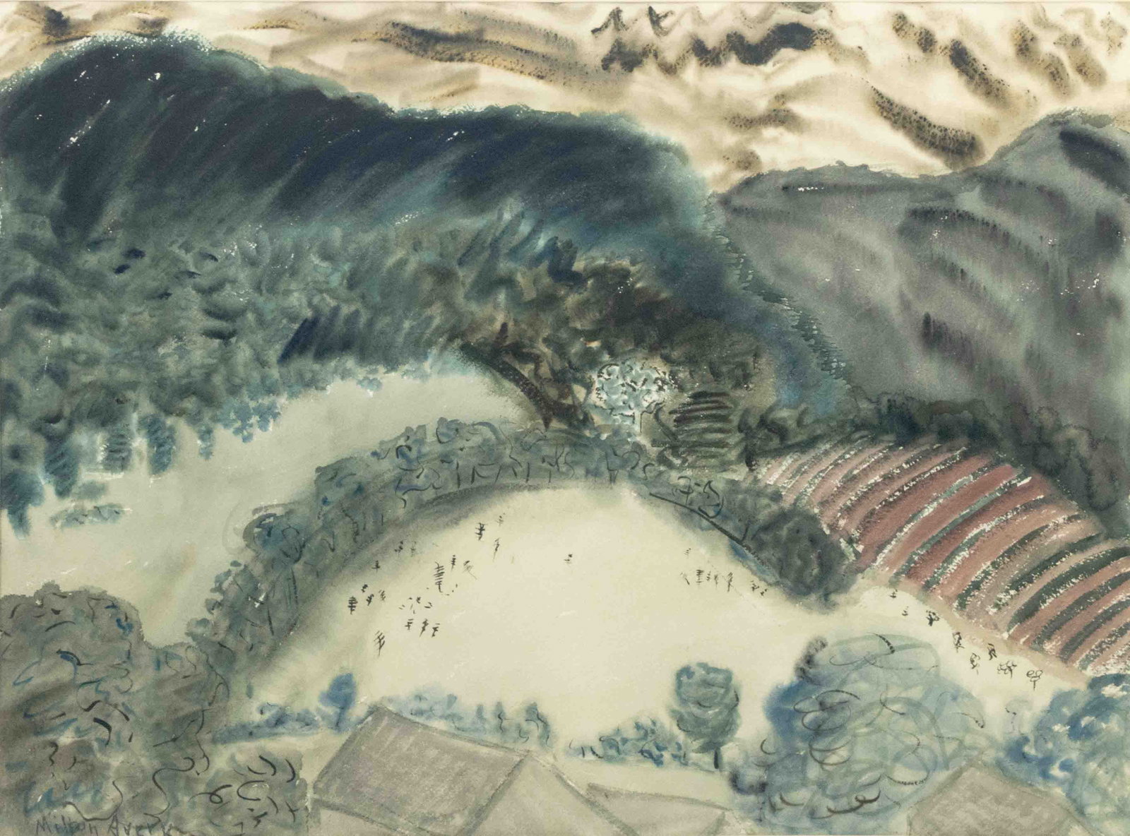 Milton Avery Landscape Scene Watercolor & Charcoal - 2