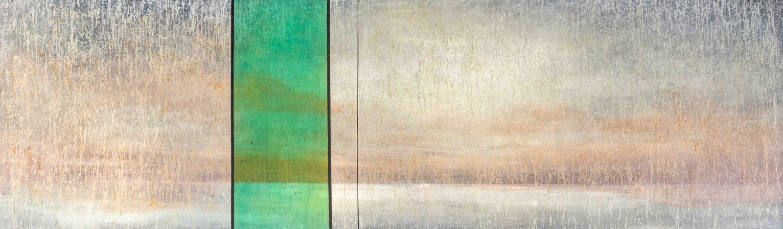 Richard Hambleton Abstraction Mixed Media, 1987: Richard Hambleton (Canadian, 1952-2017), Untitled (Abstract Composition), Mixed Media on Canvas, 1987, signed and dated verso, gray painted wood frame. Image: 52.25" H x 175" W x 1.25" D; frame: 53.25