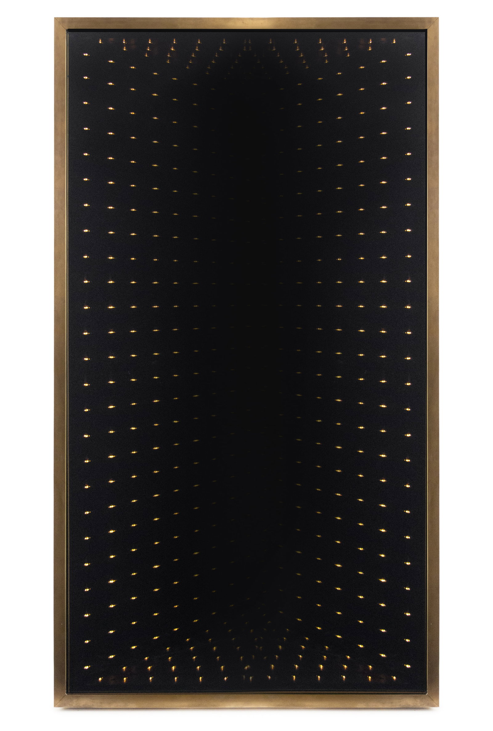 Modern Brass Infinity Full-Length Mirror, 1970s: Modern Brass Infinity Full-Length Wall Mirror, 1970s. Mirror plate: 62.25" H x 27.25" W; frame: 64.5" H x 29.5" W x 2.75" D. Provenance: From a One Central Park West Estate. Keywords: Vintage, Electri