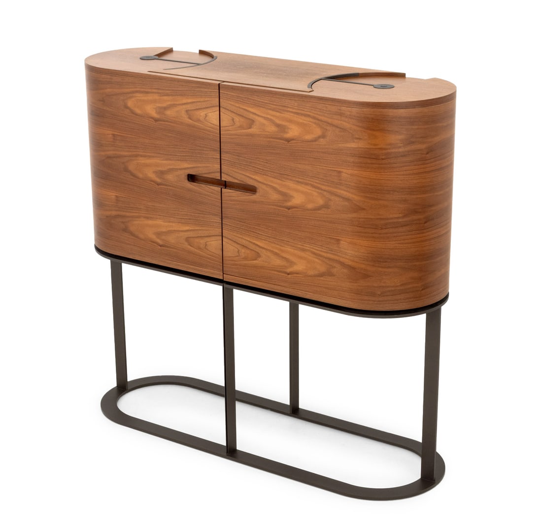 Chi Wing Lo for Giorgetti "Ino" Bar Cabinet: Chi Wing Lo (Hong Kong, b. 1958) for Giorgetti "Ino" Bar Cabinet, walnut veneer with two rounded cabinet doors opening to six shelves with gilded and electrified interior mounted on bronzed metal