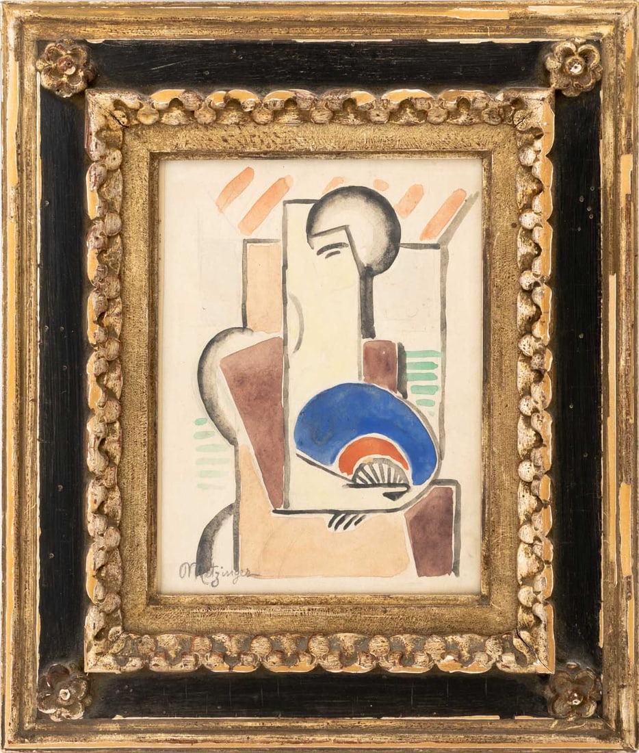 Jean Metzinger "Femme a l'Eventail" Watercolor: Jean Metzinger (French, 1883-1956), "Femme a l'Eventail" [Woman with a Fan], Watercolor, Gouache, and Pencil on Wove Paper, signed in pencil lower left, ebonized and giltwood frame. Image: 7.75" H x 5
