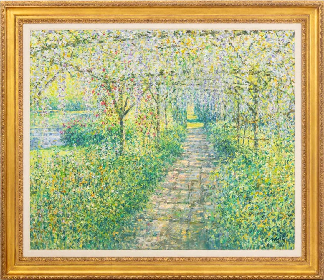 Charles Neal Garden with Pergola Oil on Canvas: Charles Neal (English, b. 1951), Garden Scene with Pergola, Oil on Canvas, signed lower right, giltwood frame. Image: 39.5" H x 47.5" W; frame: 50" H x 58.5" W x 3" D. Image: Provenance: Wally Findlay
