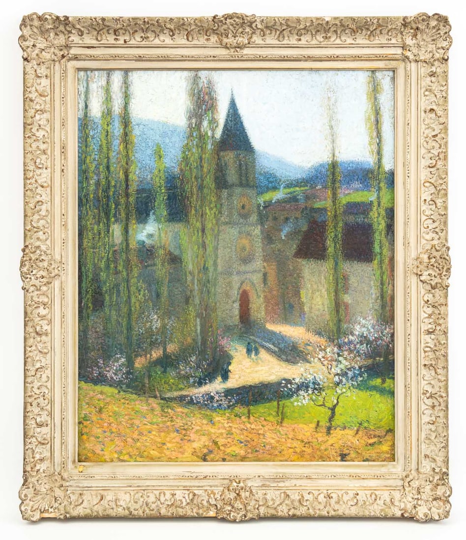 Henri Martin "L'Eglise de Labastide-du-Vert" Oil: Henri Martin (French, 1860-1943), "L'Eglise de Labastide-du-Vert, fin d'apres-midi" [The Church of Labastide-du-Vert, late afternoon], Oil on Canvas, with impasto texture, signed lower right, stamped