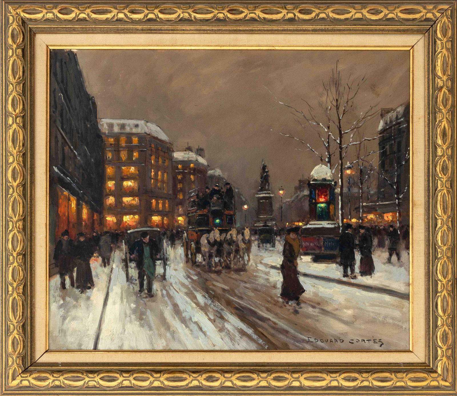 Edouard Cortes Place de Clichy in the Evening Oil: Edouard Cortes (French, 1882-1969), Place de Clichy in the Evening, Oil on Board, signed lower right, giltwood frame. Image: 17.75" H x 21" W; frame: 23" H x 26.75" W x 1.25" D. Provenance: From an Ea