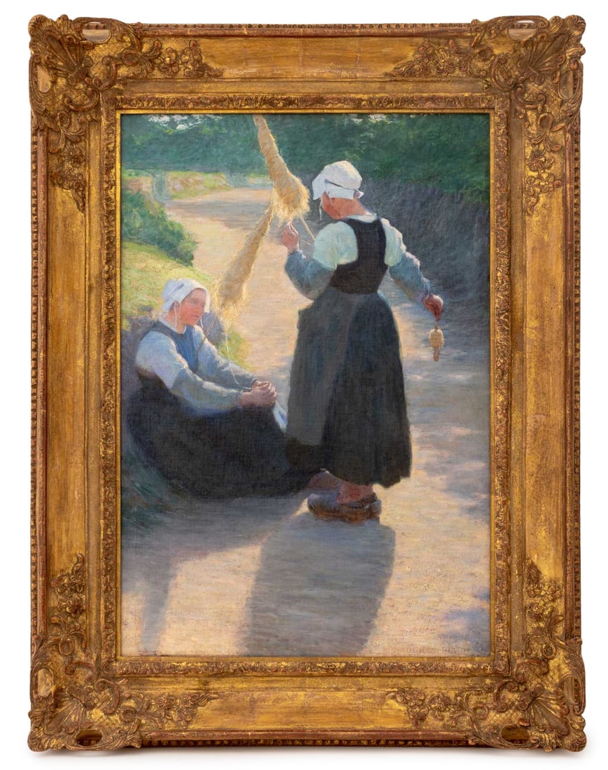 William S. Kendall "Two Brittany Girls" Oil, 1889: William Sergeant Kendall (American, 1869-1938), "Two Brittany Girls", Oil on Canvas, 1889, signed, dated, and inscribed "Paris" lower right, Owen Gallery label to reverse, giltwood frame. Image: 31" H