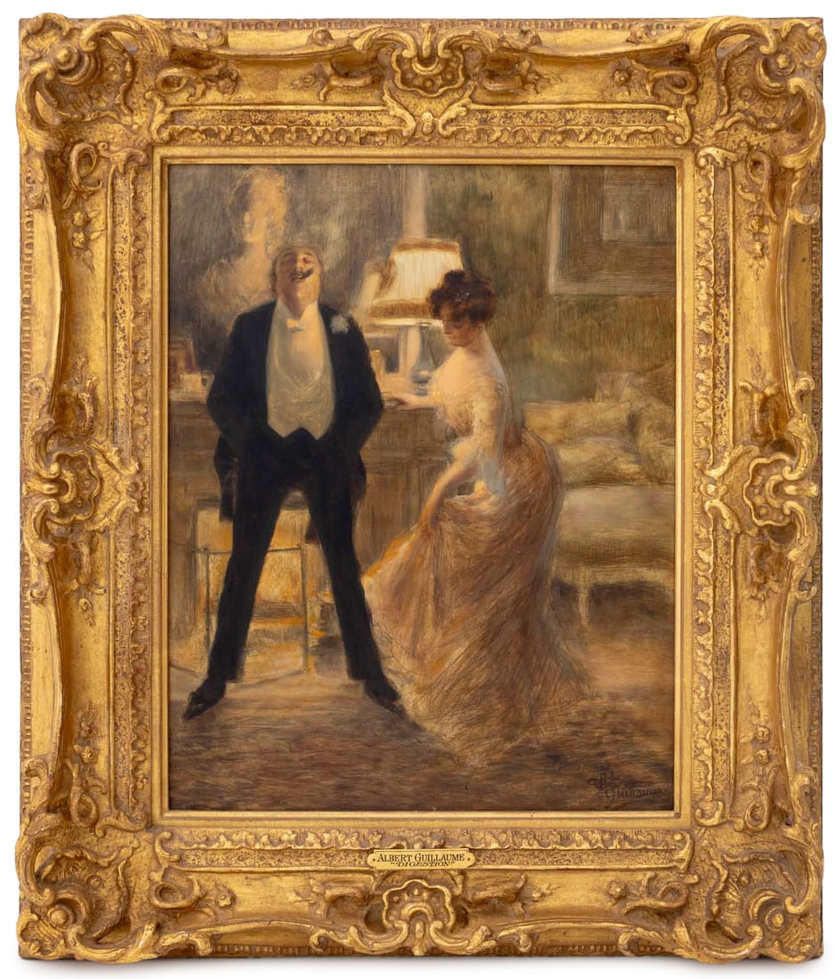 Albert Guillaume "Digestion" Oil on Panel: Albert Paul Guillaume (French, 1973-1942), "Digestion", Oil on Wood Panel, signed "A. Guillaume" lower right, giltwood frame. Image: 15.75" H x 12.25" W; frame: 22.75" H x 19.5" W x 2.75" D. Provenanc