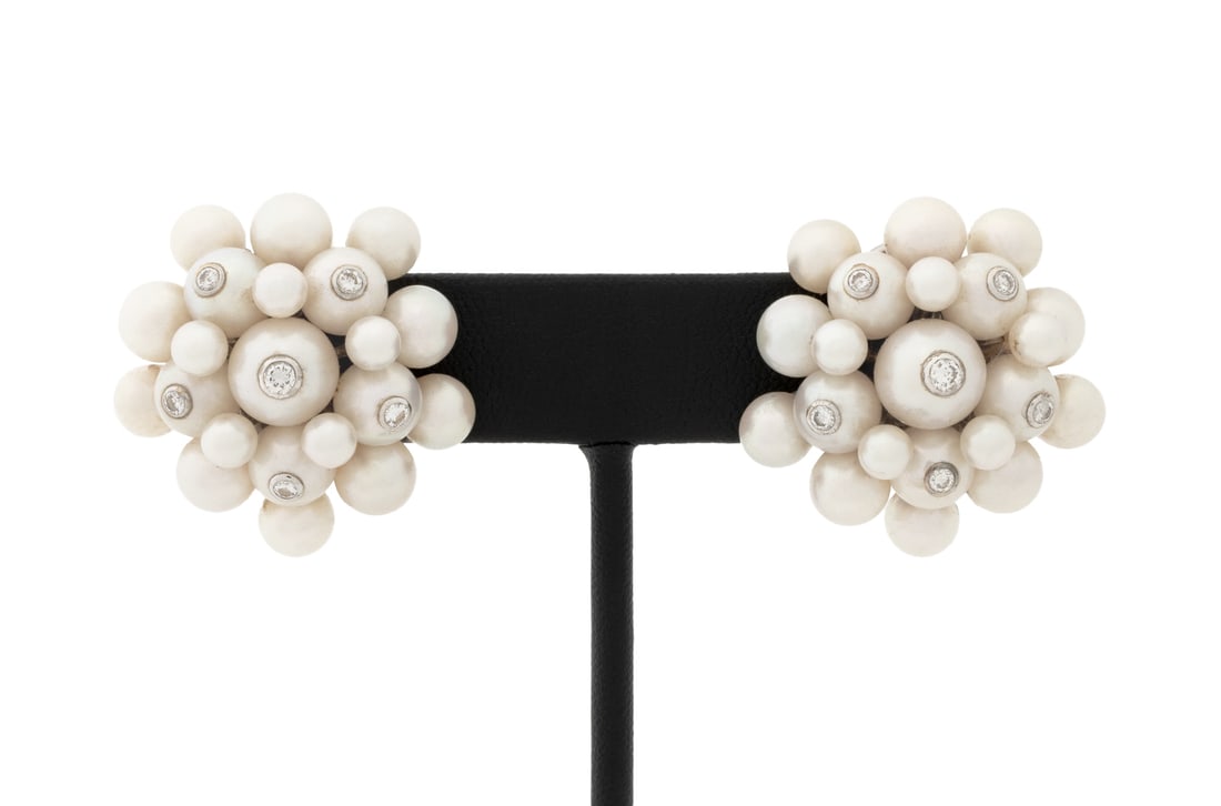 Trianon 18K White Gold Pearl Diamond Earrings: Trianon for Seaman Schepps Pair of 18K White Gold Cultured Pearl Diamond Cluster Earrings, featuring 42 round cultured pearls approx. 6.0 - 10.0 mm, adorned with twelve bezel set round faceted diamond