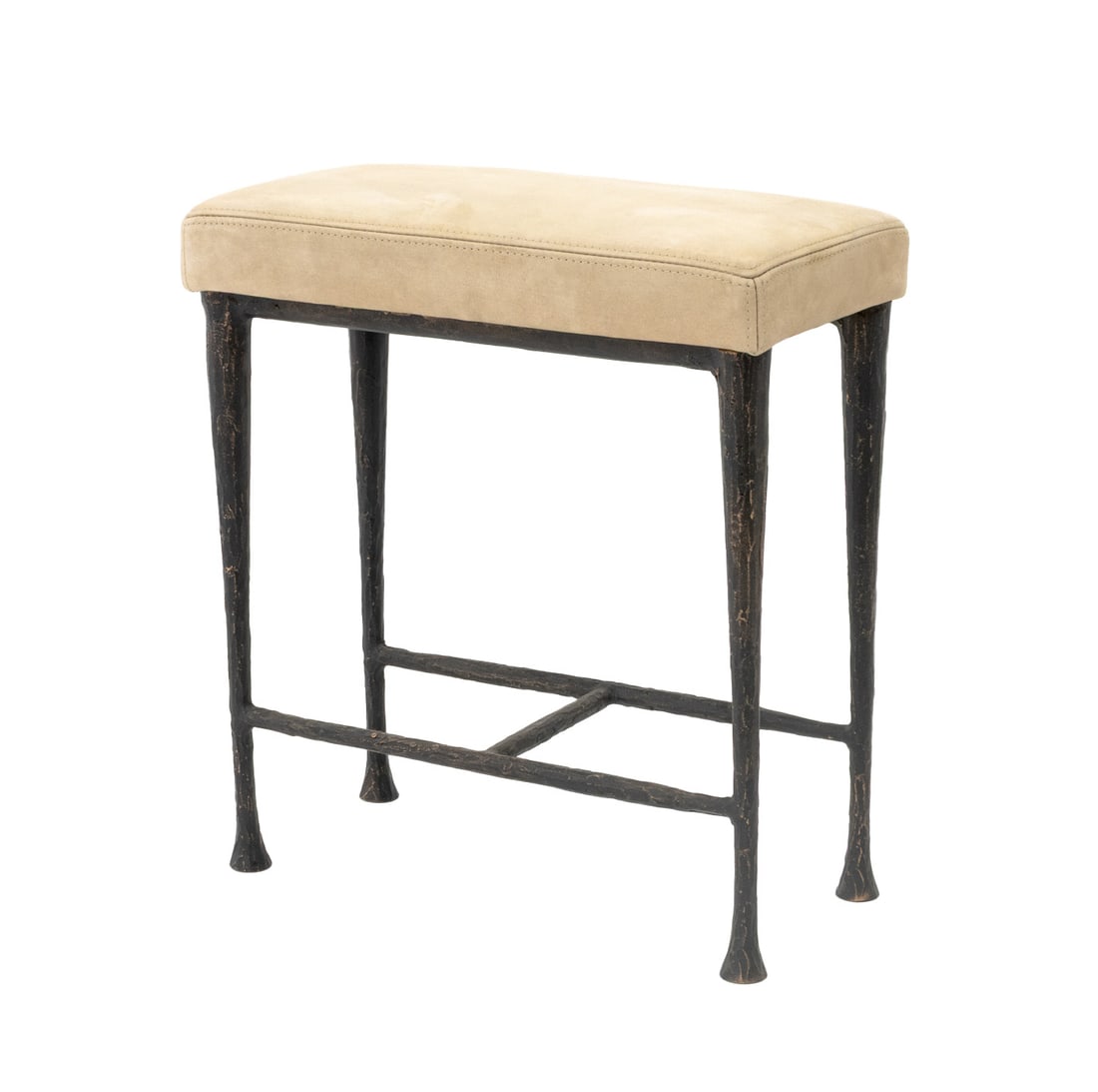 Christian Liaigre "Sud" Bronze Stool, ca. 2000: Christian Liaigre (French, 1943-2020) "Sud" Bronze Stool, circa 2000, with beige suede upholstered seat. 17.75" H x 16" W x 8" D. Provenance: From a 28 East 70th Street Penthouse Estate. Keywords: Con