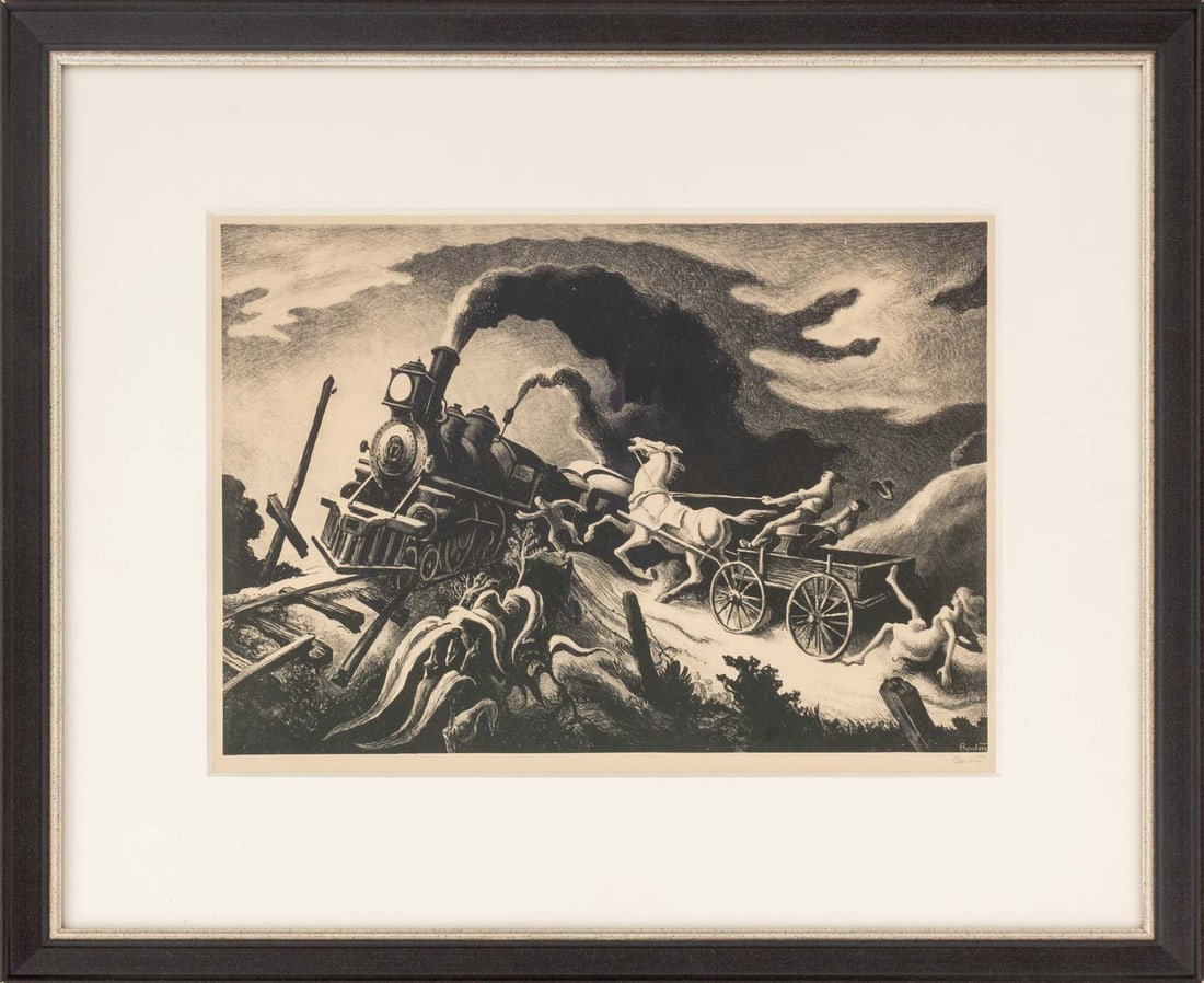 Thomas Hart Benton "Wreck of the Ol' 97", 1944: Thomas Hart Benton (American, 1889-1975), "Wreck of the Ol' '97", Lithograph on Wove Paper, 1944, signed in pencil lower right, from an edition of 250, published by Associated American Artists, black