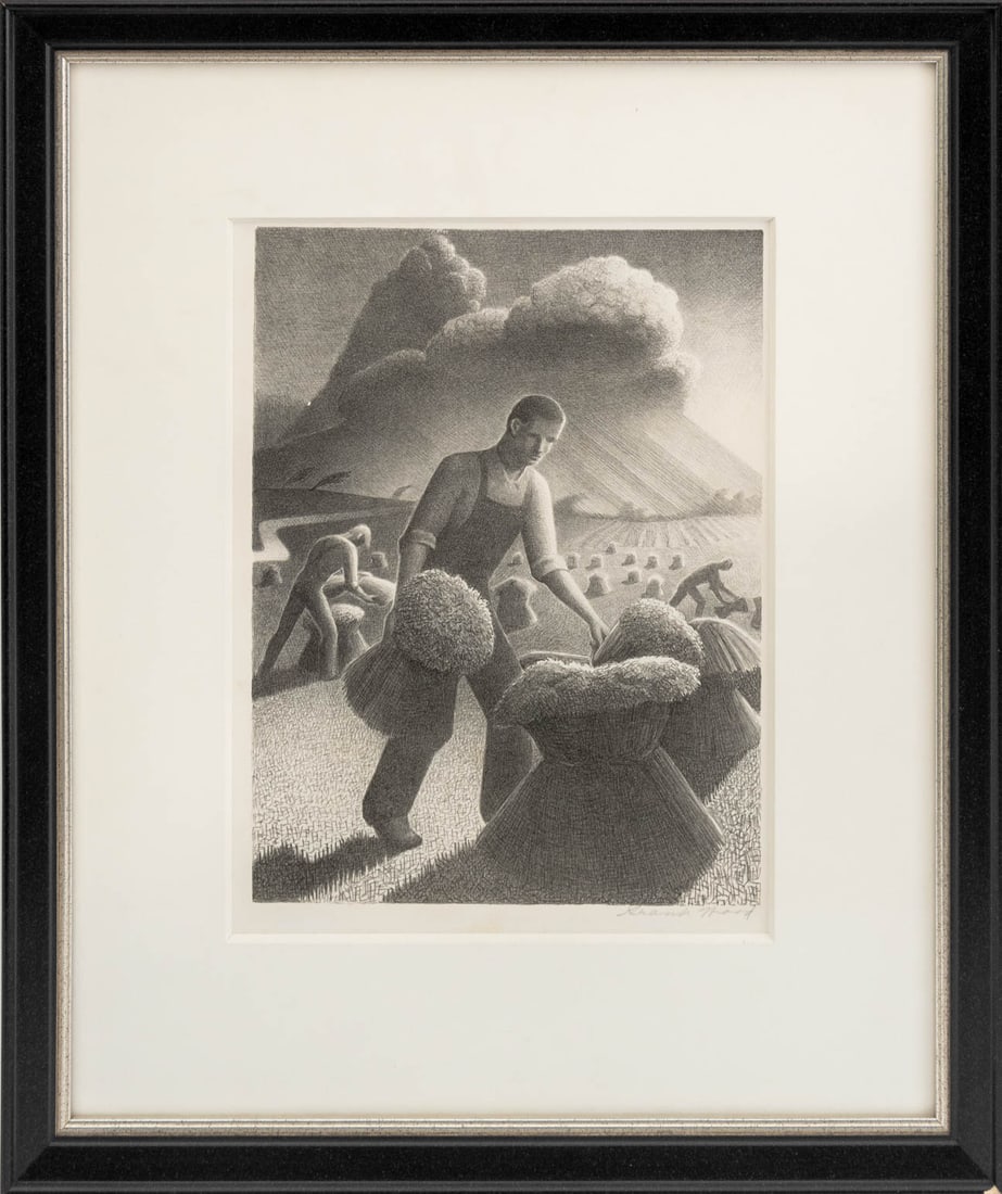 Grant Wood "Approaching Storm" Lithograph, 1940: Grant Wood (American, 1891-1942), "Approaching Storm", Lithograph on Wove Paper, 1940, signed in pencil lower right, from an edition of 250, published by Associated American Artists, New York, Swann G