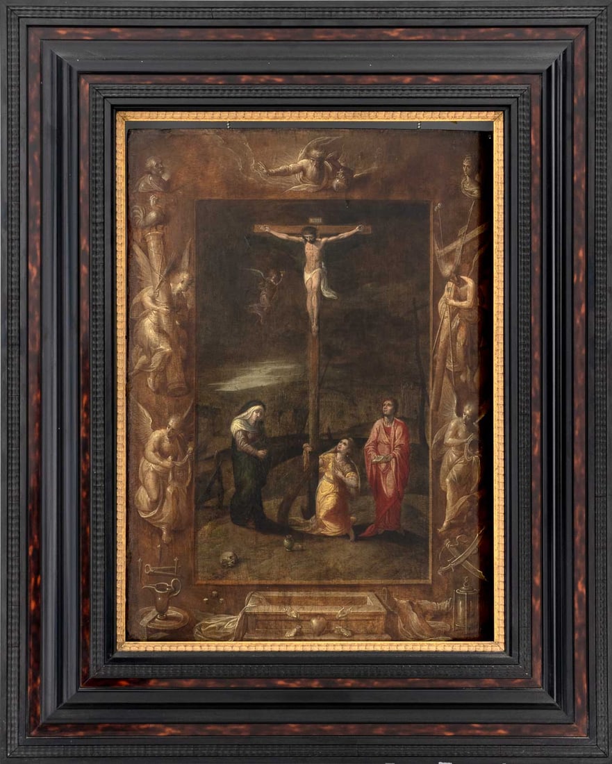 Circle of Frans Francken Crucifixion Oil, 17th C.: Circle of Frans Francken the Younger (Flemish, 1581-1642), The Crucifixion, Oil on Panel, 17th century, depicting Christ surrounded by Mary, Mary Magdalene, and Saint John the Evangelist, the central