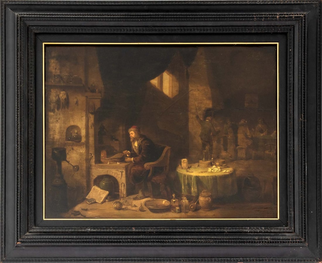 Circle of David Teniers II The Alchemist, 17th C.: Circle of David Teniers the Younger (Flemish, 1610-1690), The Alchemist in His Laboratory, Oil on Panel, late 17th century, inscribed "From the Estate of A.H. Hetherington, Philadelphia" verso, eboniz