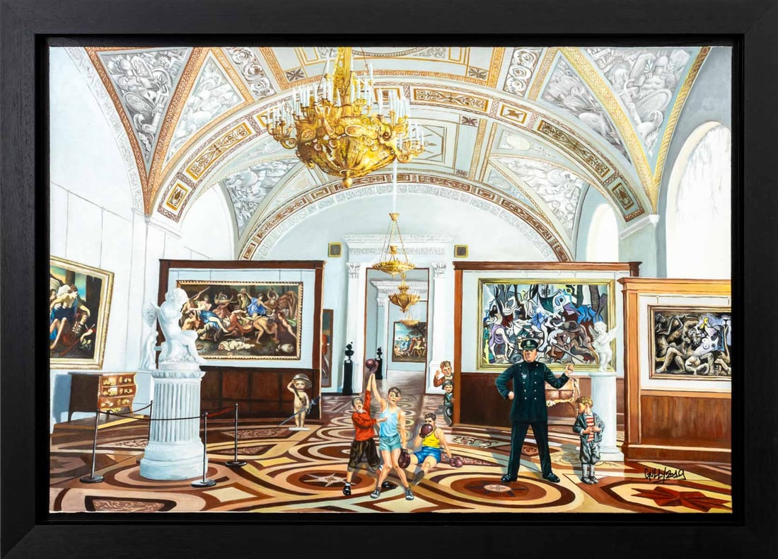 Gully Untitled Acrylic on Canvas, 2019: Gully (French, b. 1977), Untitled (Museum Interior Scene), Acrylic on Canvas, 2019, signed and dated lower right, ebonized wood frame. Image: 25.75" H x 52.25" W; frame: 43" H x 60" W x 3" D. Provenan