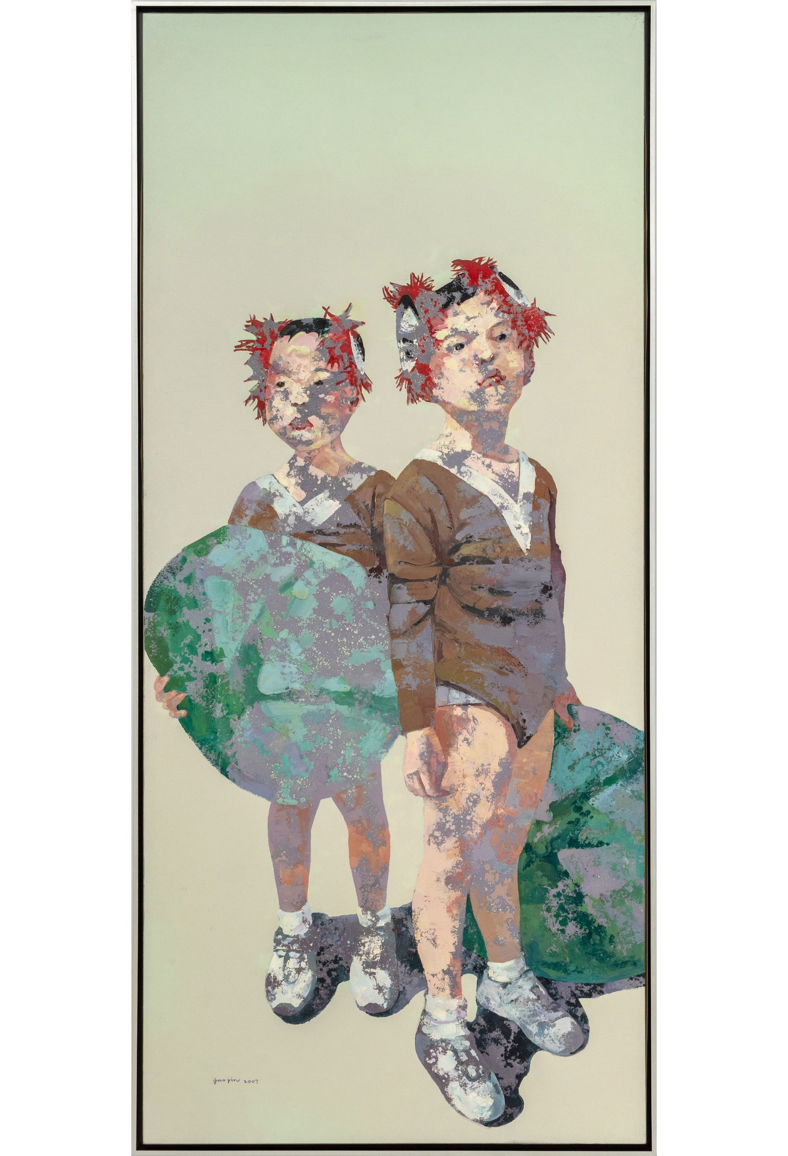 Guo Jin "Children No.2" Oil on Canvas, 2007: Guo Jin (Chinese, b. 1964), "Children No.2", Oil on Canvas, 2007, signed and dated lower left, signed and dated in Chinese verso, silvered wood frame. 88.5" H x 39.25" W; frame: 90.5" H x 41" W x 2" D
