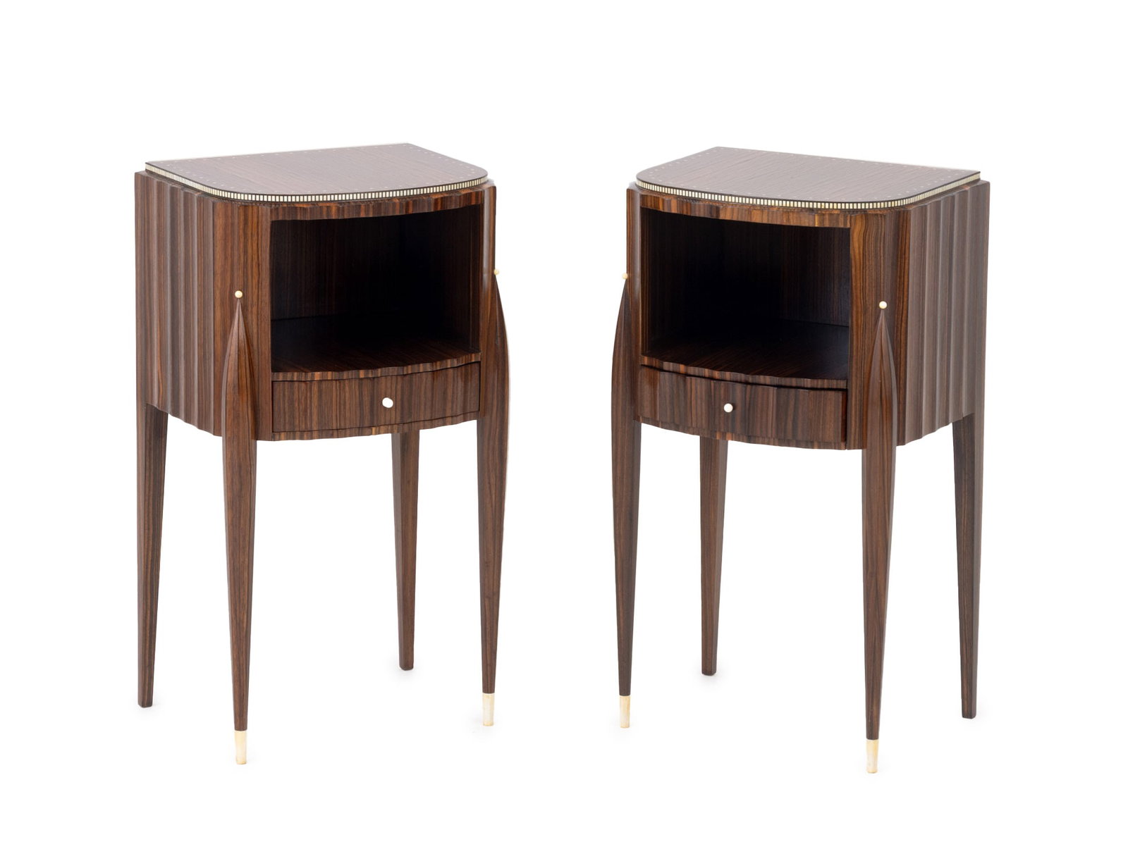 Christian Krass Art Deco Nightstands, Pair: Christian Krass (French, 1868-1957) Pair of Art Deco Night Stands, Macassar with inlay. 25" H X 14" W x 11.5" D. Provenance: From a New York City Collection. Keywords: Bedroom Furniture, French Art De