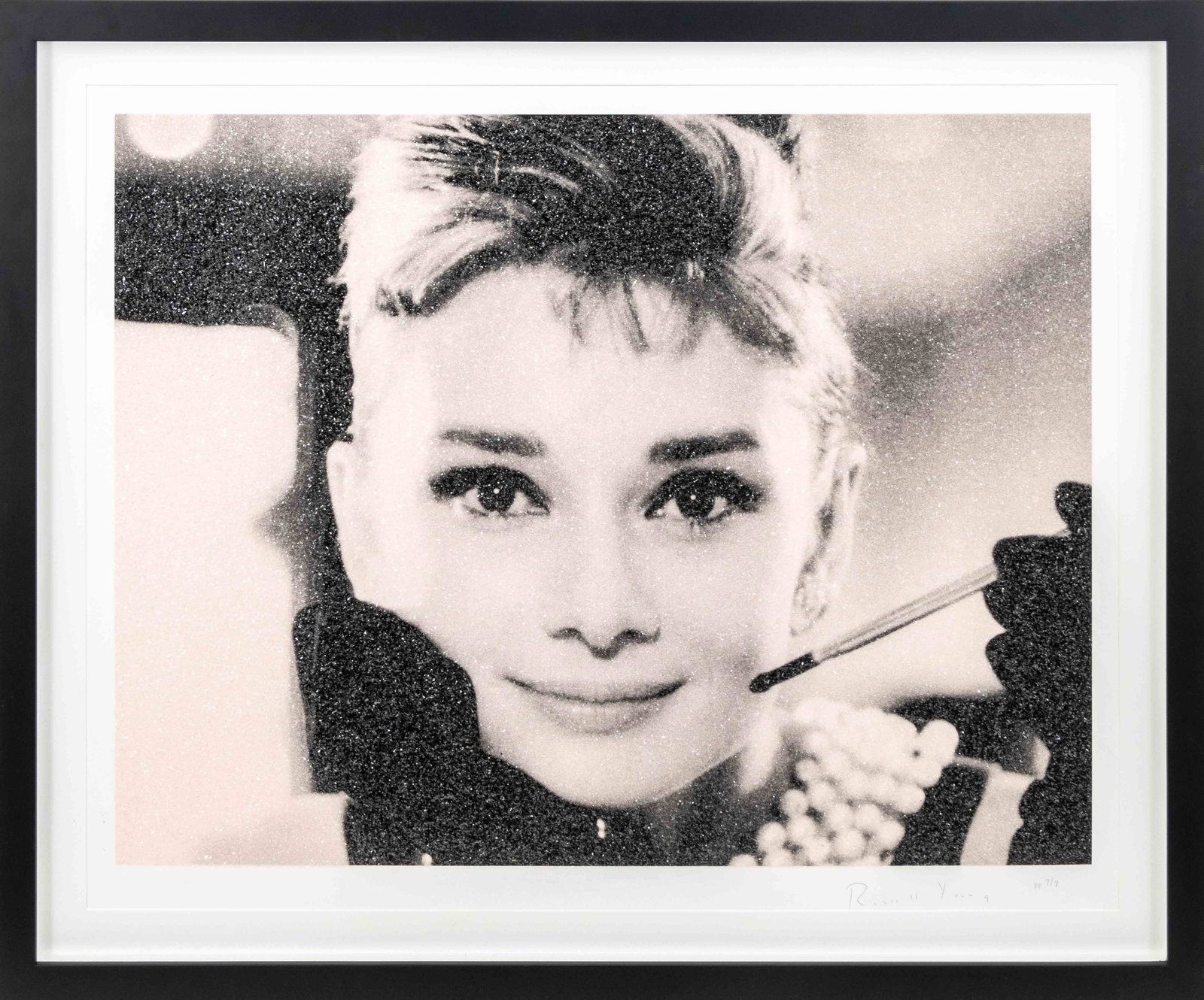 Russell Young Audrey Hepburn Silkscreen, ca. 2018: Russell Young (British/American, b. 1959), Audrey Hepburn, Silkscreen with Diamond Dust on Paper, circa 2018, signed in pencil and numbered edition "pp 7 / 8" lower right, ebonized wood frame. Image: