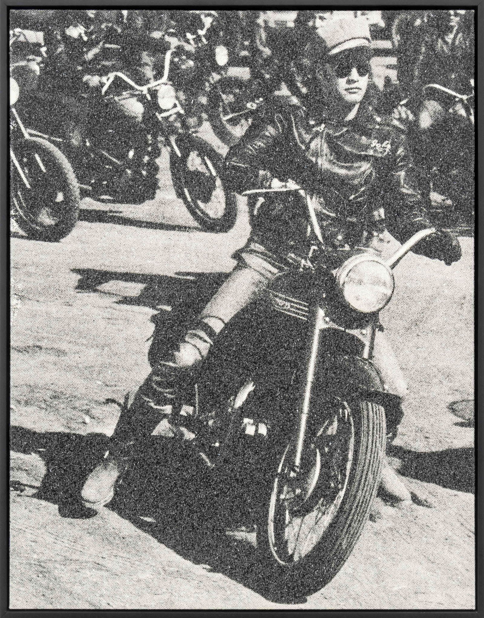 Russell Young "Brando Bike" Silkscreen: Russell Young (British/American, b. 1959), "Brando Bike", Silkscreen with Diamond Dust on Linen Canvas, 2009, from the "Black and White Series", signed in pencil, dated, and titled verso, ebonized woo