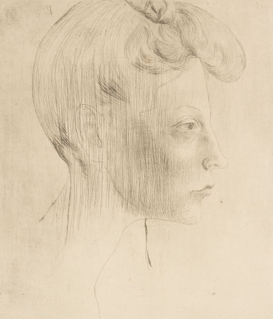 Pablo Picasso "Tete de Femme, de Profil", 1905: Pablo Picasso (Spanish, 1881-1973), "Tete de Femme, de Profil" [Head of a Woman, in Profile], Drypoint on Van Gelder Paper, 1905, from "La Suite des Saltimbanques", from an edition of 250, published b