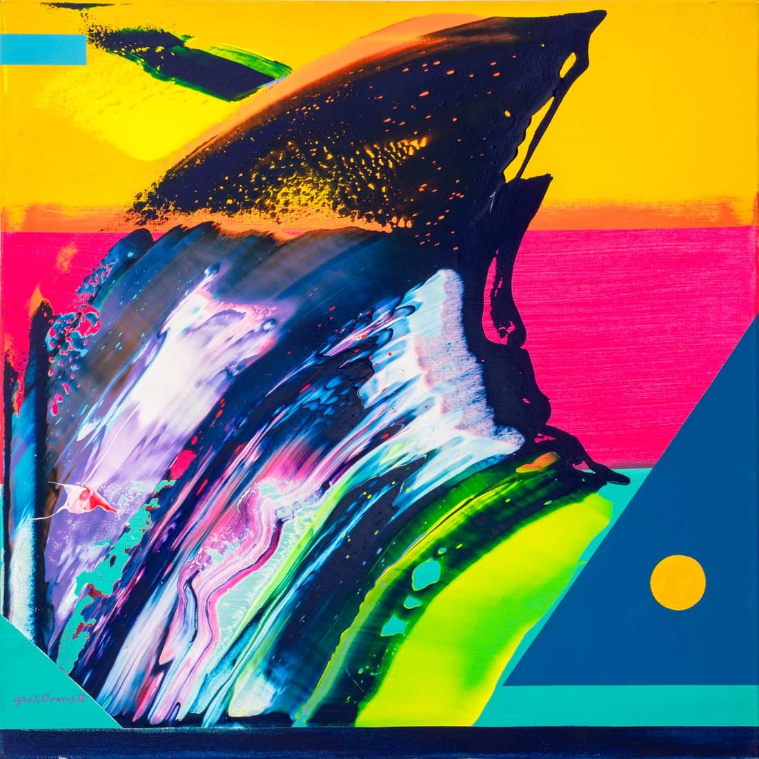 Jack Graves III "Shark Fin" Acrylic, 2021: Jack Graves III (American, b. 1988), "Shark Fin", Acrylic on Canvas, 2021, signed lower left, signed, titled, and dated verso, unframed. 35" H x 35" W x 1" D. Provenance: From an East Village Estate.