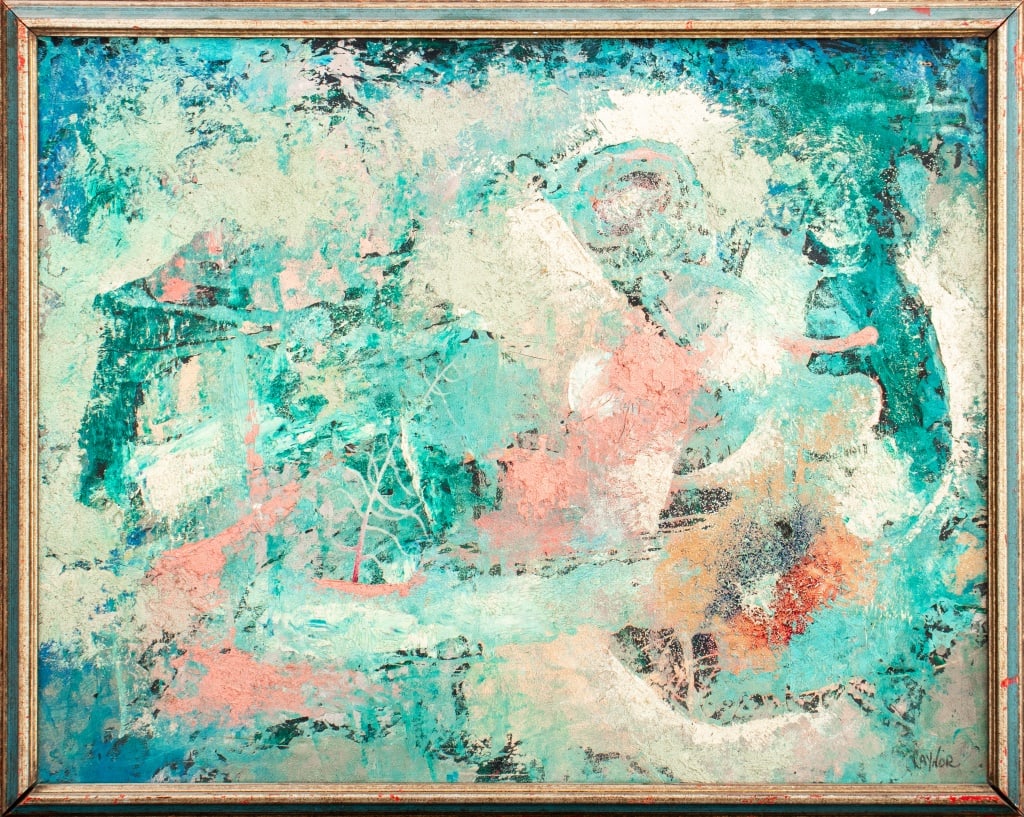 Harold Laynor "Overglow" Abstract Composition Oil: Harold Laynor (American, 1922-1991), "Overglow", Oil on Board, abstract composition in blue and pink, signed lower right, signed and titled verso, blue painted frame. Image: 21.75" H x 27.75" W;