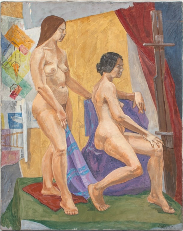 John Braden Two Nude Female Figures Oil on Canvas: John Braden (Brady, American, XX), Two Nude Female Figures, Oil on Canvas, depicting one standing and one seated, signed lower right, signed and marked "Lanning (Eve)" verso, unframed. 30" H x 24" W.