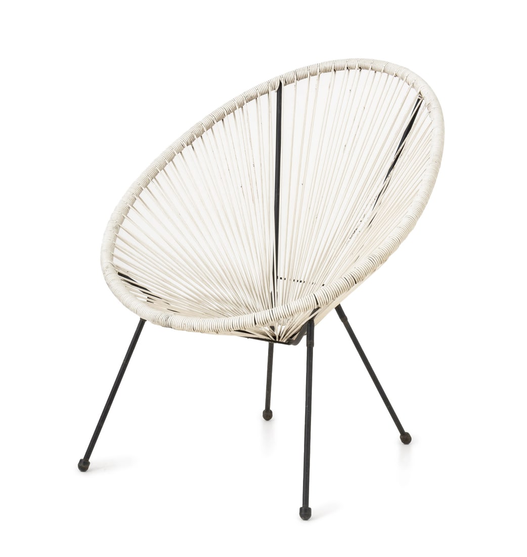 Modern Acapulco White Woven Vinyl Chair: Modern Acapulco White Woven Vinyl Chair, with woven white vinyl cord seat on wrought iron frame 34.75" H x 28.5" W x 30" D; seat: 15.25" H. Provenance: From a Park Avenue South Estate. Keywords: