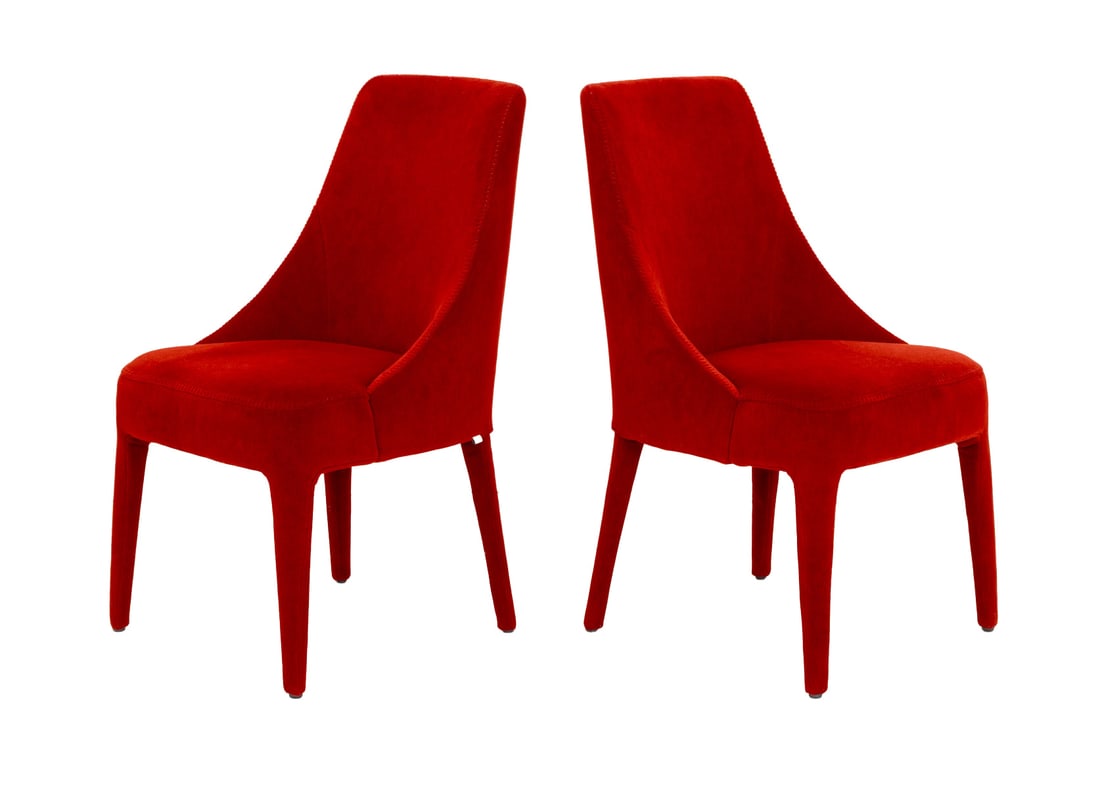 Maxalto Red Mohair Upholstered Chairs, Pair: Pair of Maxalto Red Mohair Upholstered Chairs, each marked. 36" H x 20" W x 23.5" D; seat: 19" H. Provenance: From a 30 West 63rd Street Collection. Keywords: Designer, Modern Furniture, Seating,