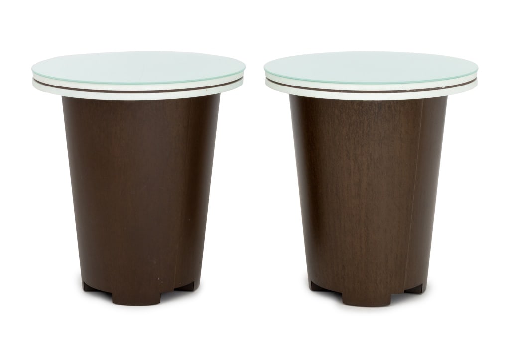 Modern Patinated Metal & Wood Glass Top Tables, 2: Pair of Modern Patinated Metal, Painted Wood, and Circular Glass Top Side Tables. 26.25" H x 24" Diameter. Provenance: From a Chelsea, New York City Collection. Keywords: Modern Furniture, Accent